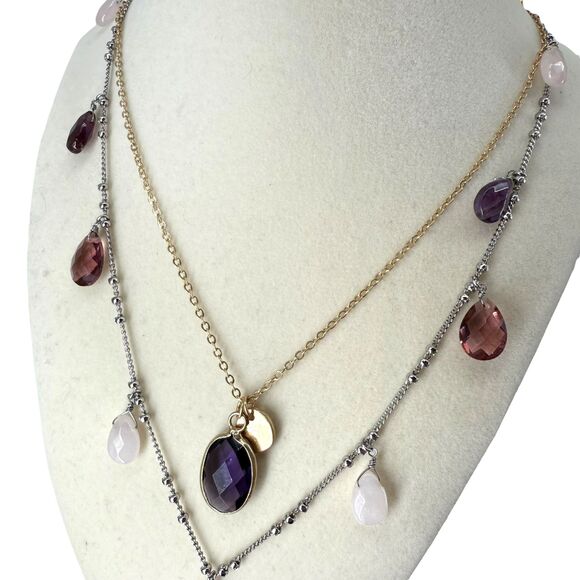 J. Jill Layered Necklace Faceted Glass Charms Iced Rose Quartz Teardrop Adjusts - Picture 7 of 15